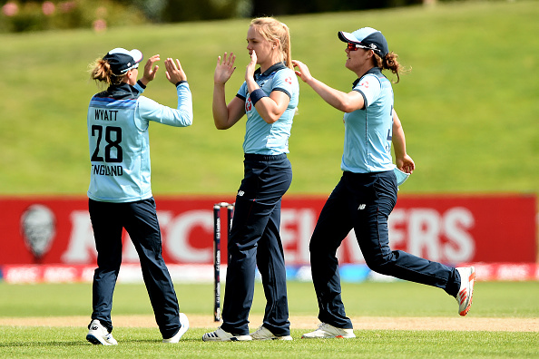 Danni Wyatt congratulates Freya Davies on her wicket