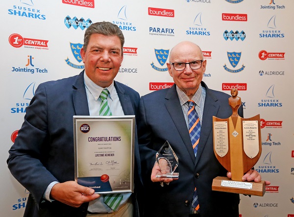 Sussex Cricket Director of Cricket Keith Greenfield presents Terry Burton with his Lifetime Achiever Award